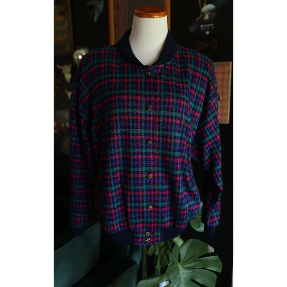 Vtg. Graff Californiawear Jewel Tone Plaid Button Down Cardigan Jacket Sz. 14